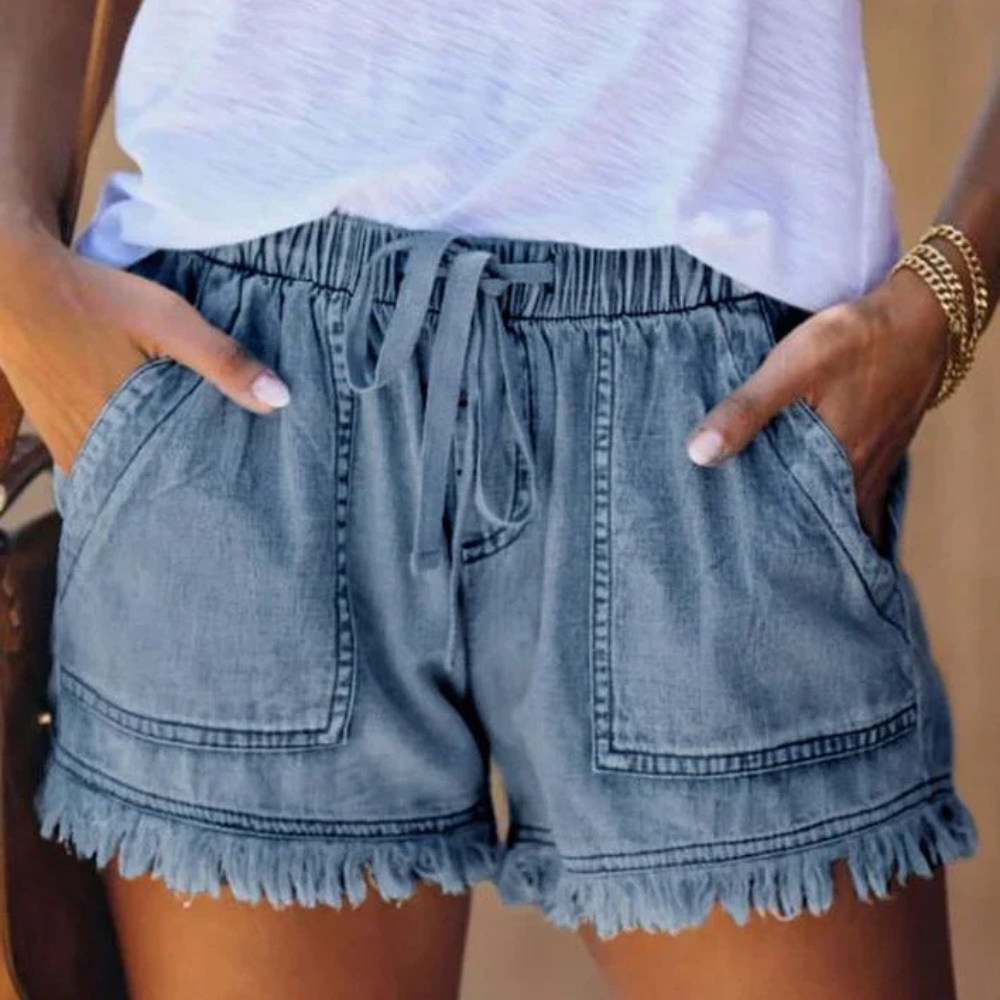 Shorts vaqueros de cintura alta con cordón y flecos para mujer