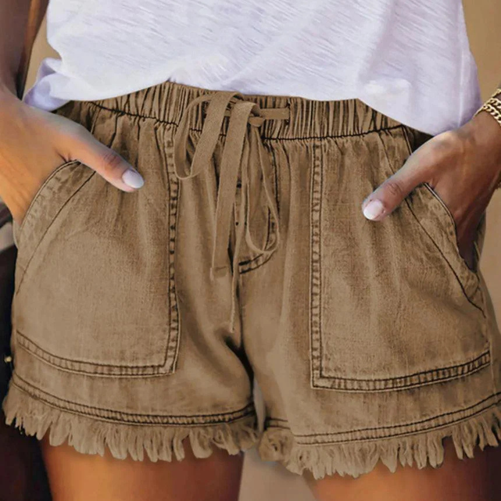 Shorts vaqueros de cintura alta con cordón y flecos para mujer