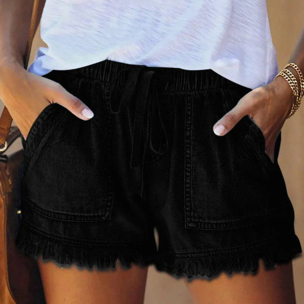 Shorts vaqueros de cintura alta con cordón y flecos para mujer