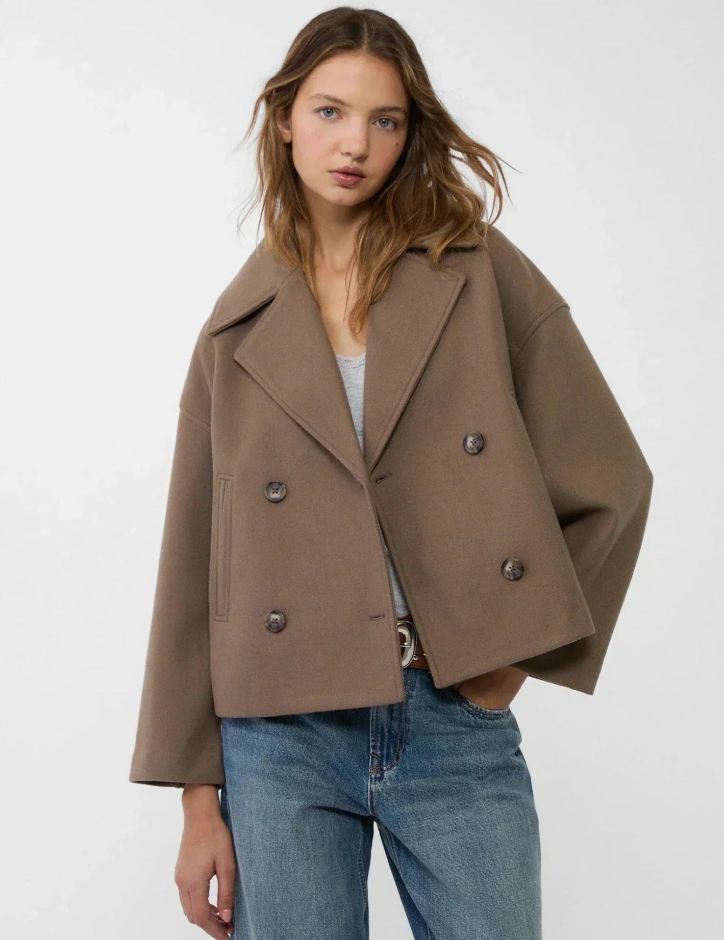 Chaqueta corta de invierno cruzada para mujer con solapas anchas