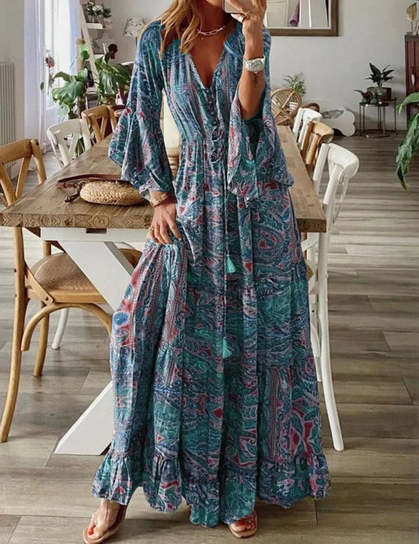 Vestido largo bohemio con mangas acampanadas para mujer