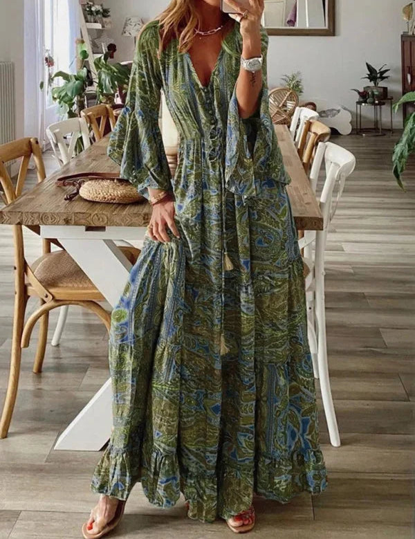 Vestido largo bohemio con mangas acampanadas para mujer