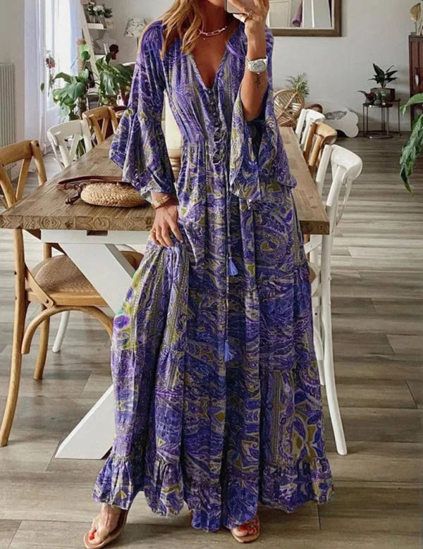 Vestido largo bohemio con mangas acampanadas para mujer