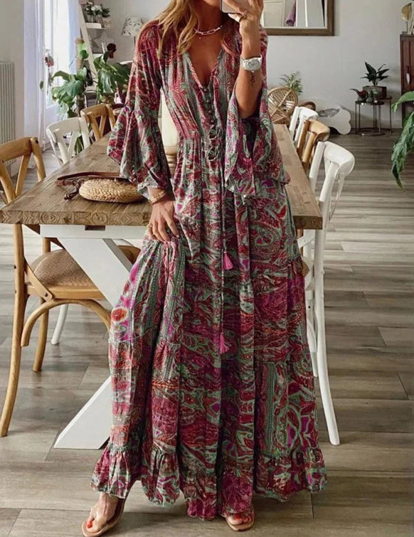 Vestido largo bohemio con mangas acampanadas para mujer