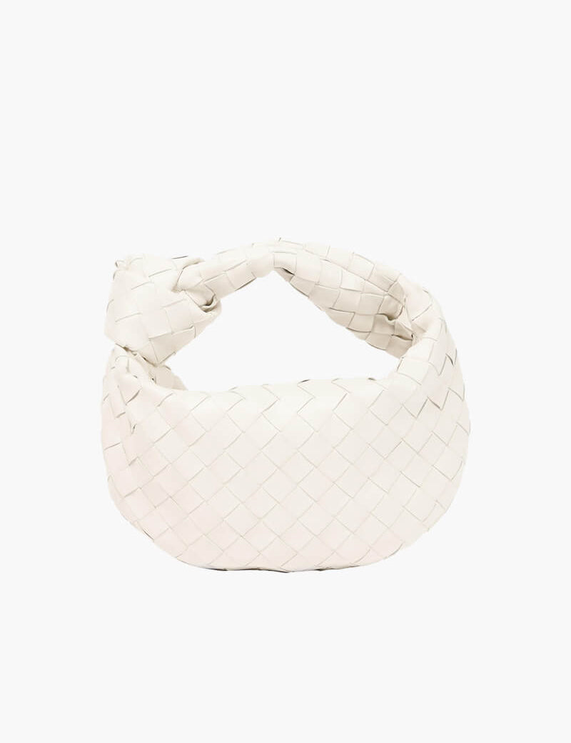 Mini bolso de mano tejido para mujer con asa superior y detalle de nudo
