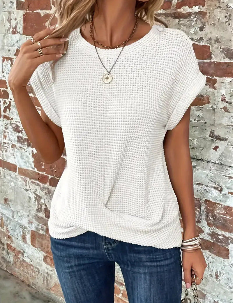 Blusa texturizada de manga corta con botones para mujer y corte clásico