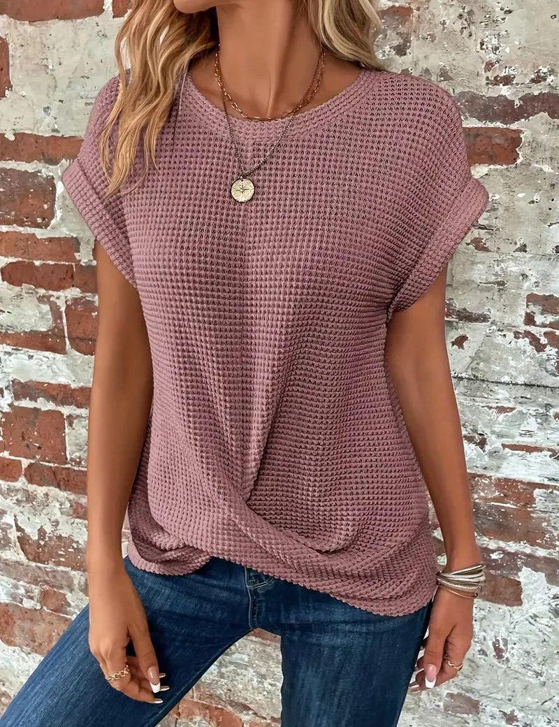 Blusa texturizada de manga corta con botones para mujer y corte clásico