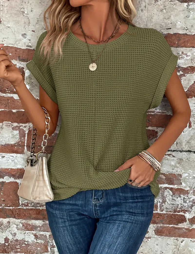 Blusa texturizada de manga corta con botones para mujer y corte clásico