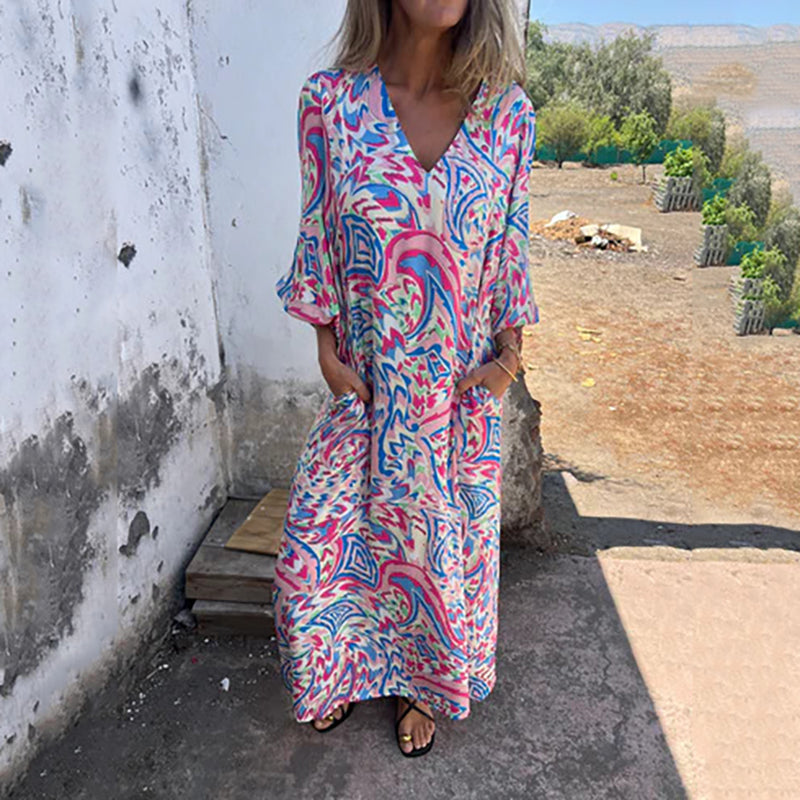 Women's Printed Maxi Dress with V-Neck and Relaxed Fit Sleeves