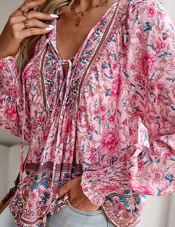 Blusa floral de manga larga para mujer con lazo en el escote