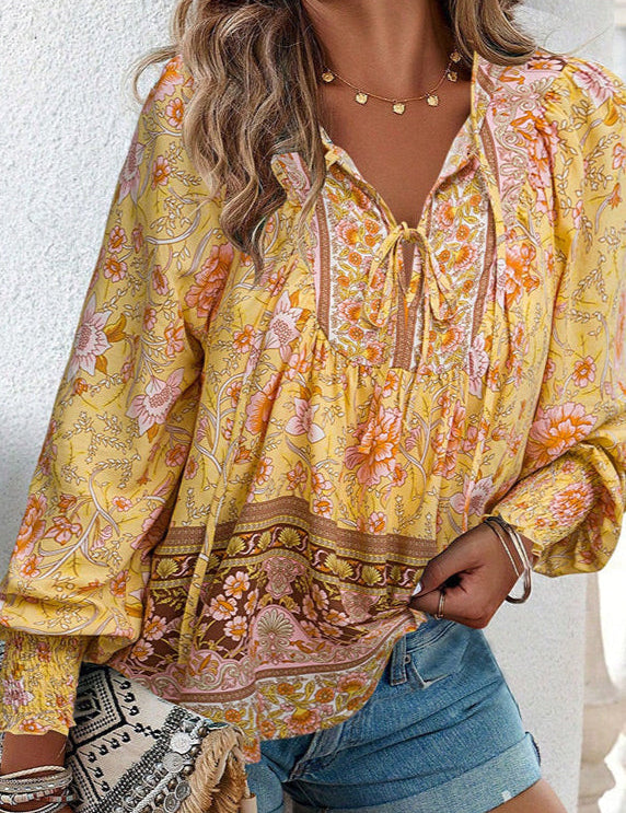 Blusa floral de manga larga para mujer con lazo en el escote