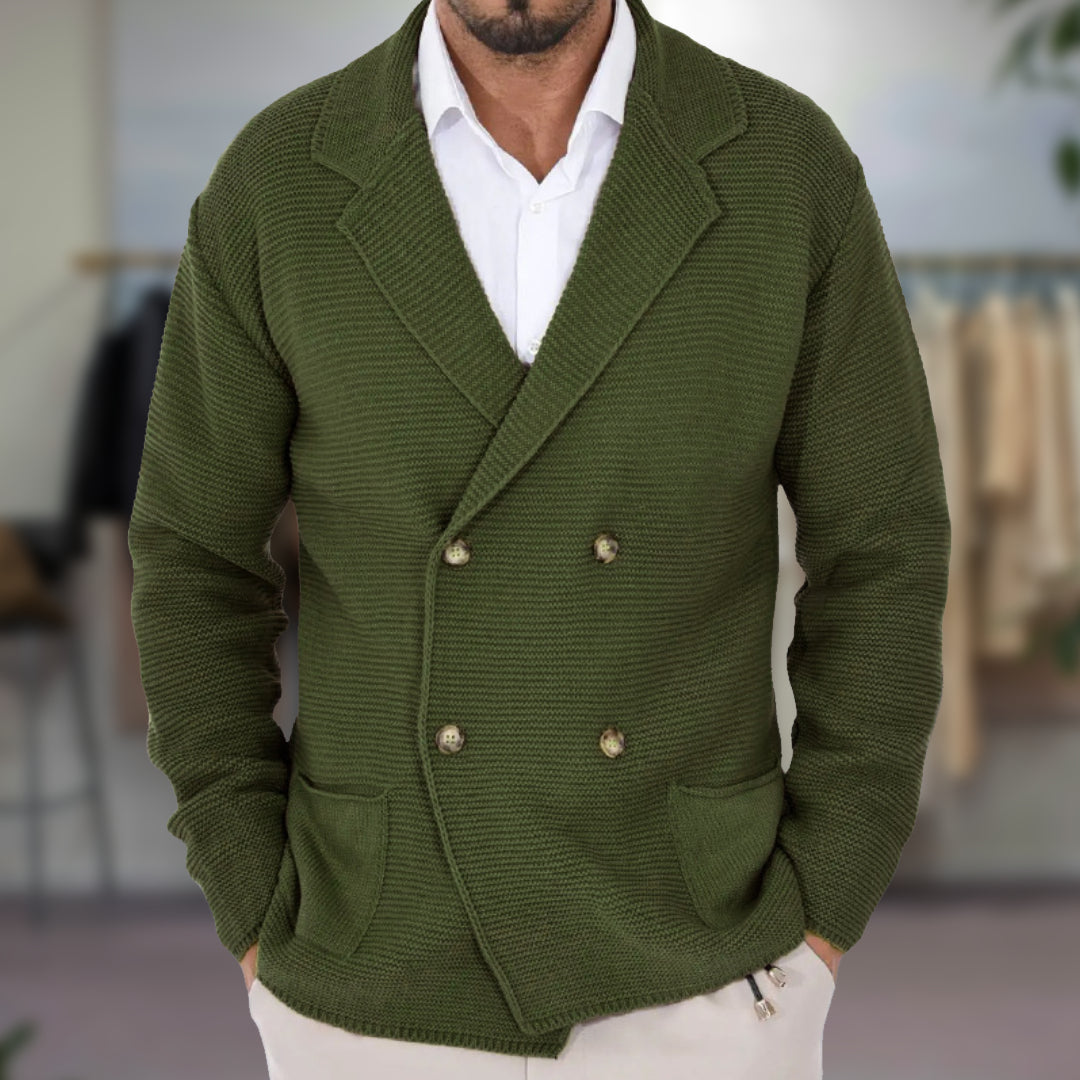 Cárdigan de punto para hombre con doble botonadura y solapa estilo blazer