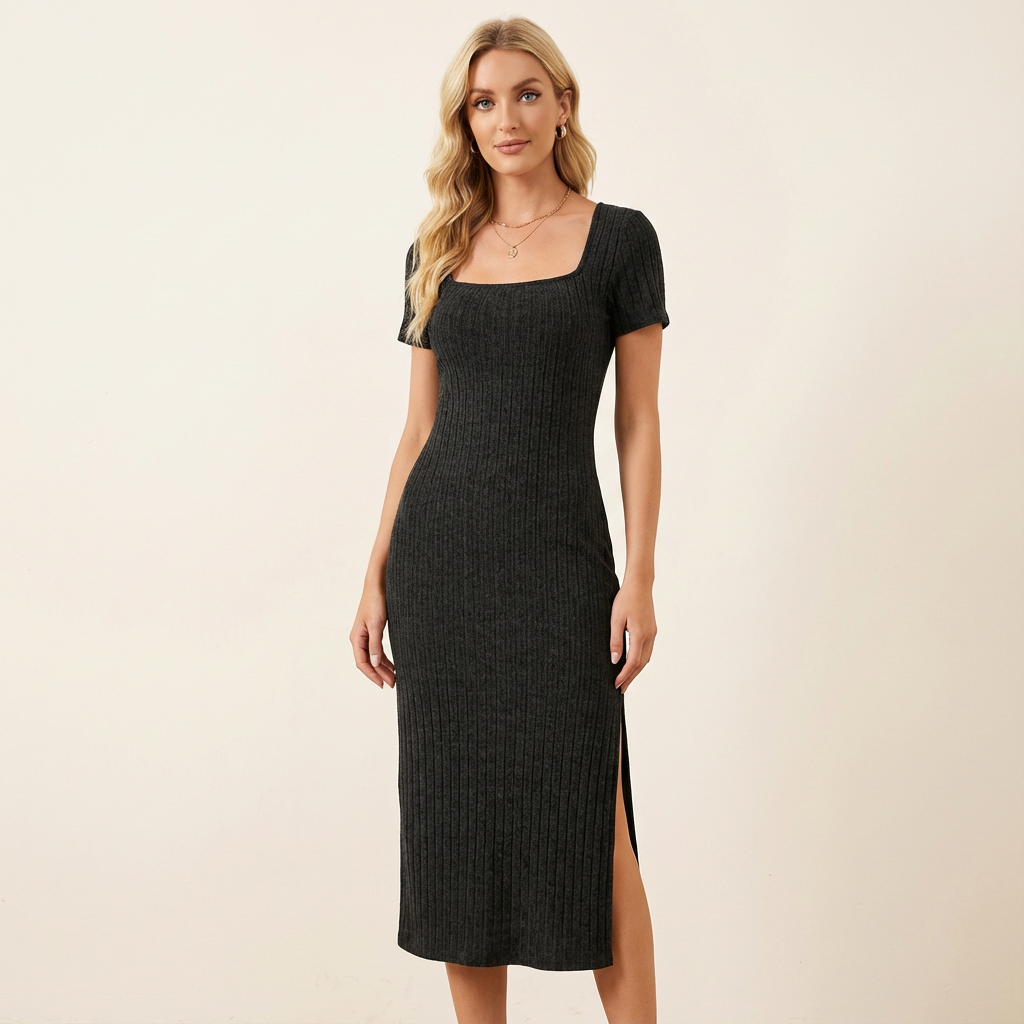 Vestido de punto con escote cuadrado para mujer