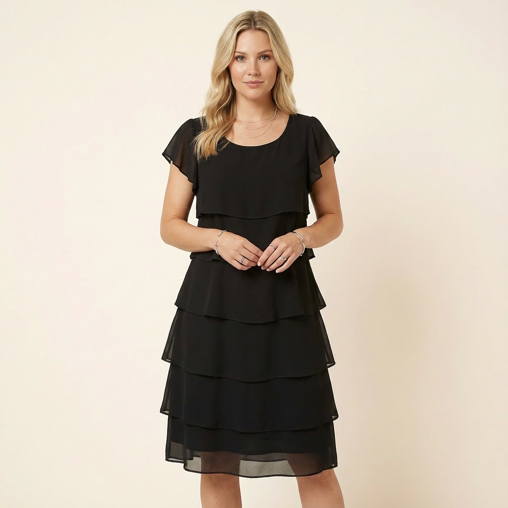 Tiered Knee Length Cocktail Dress with Flutter Sleeves for Women