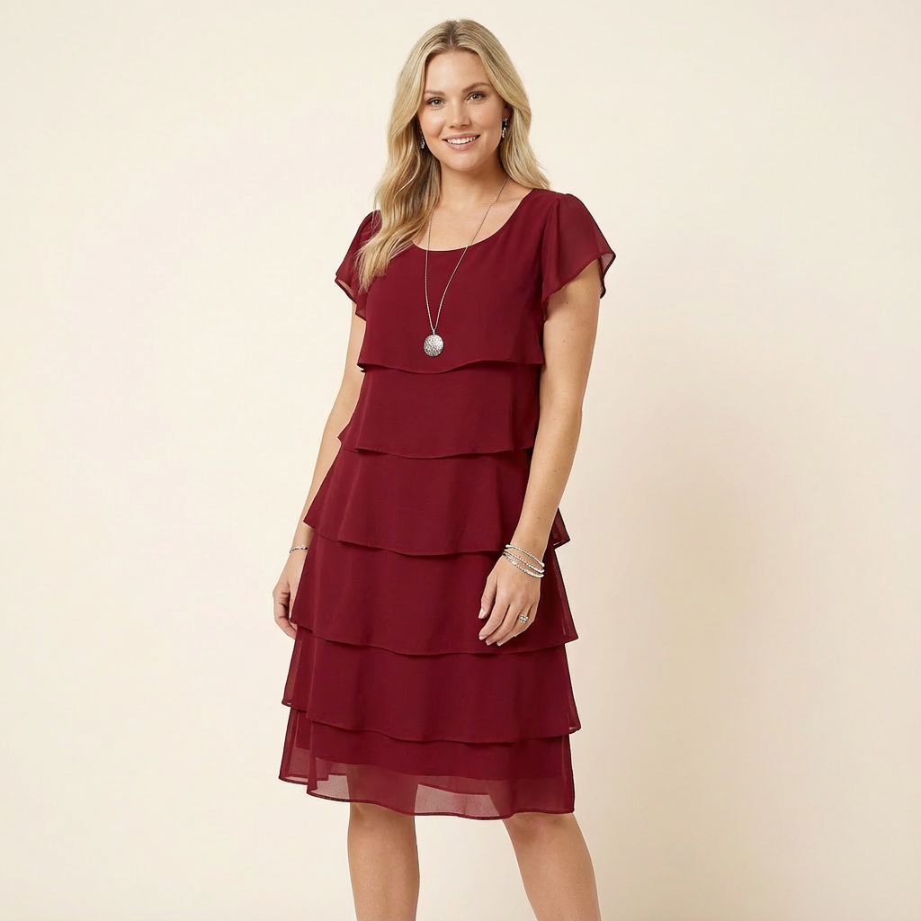 Tiered Knee Length Cocktail Dress with Flutter Sleeves for Women