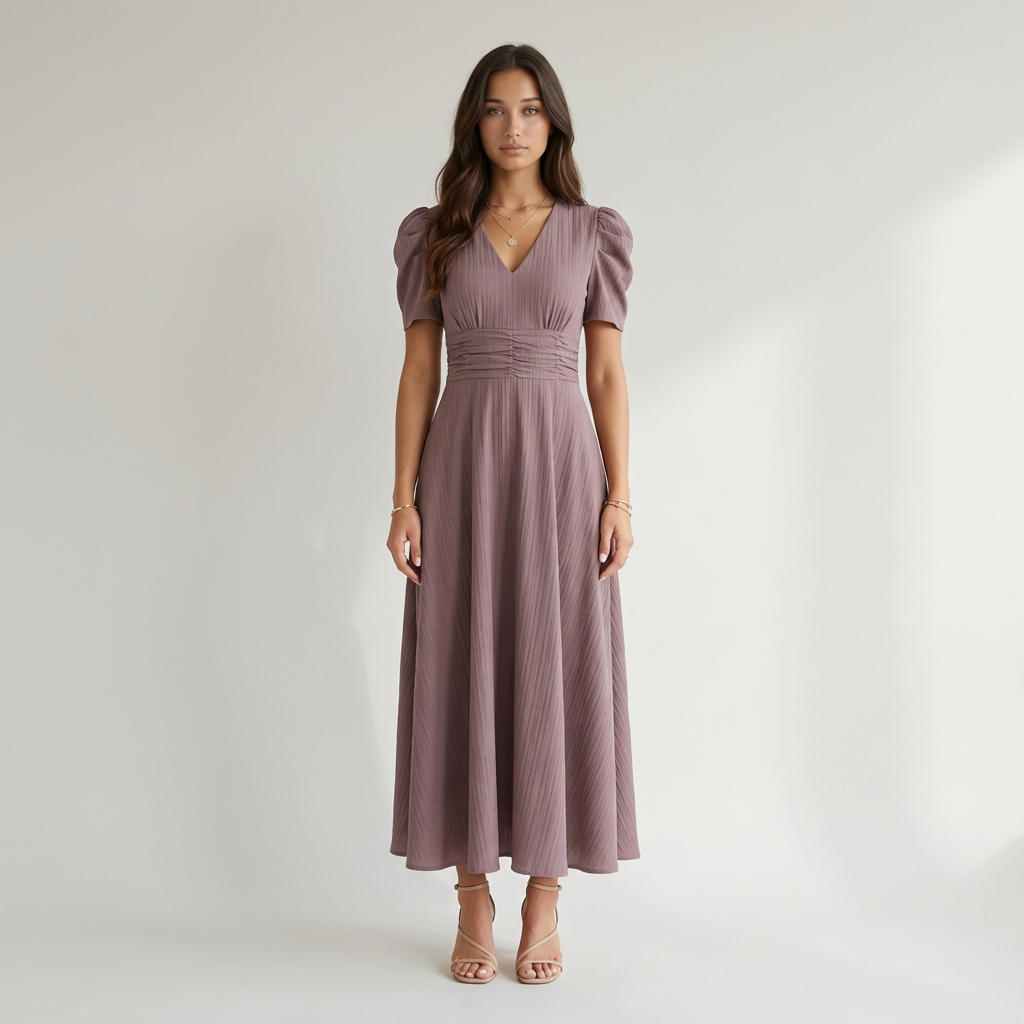 Vestido largo con escote en V y mangas abullonadas para mujer con detalle de cintura ajustada