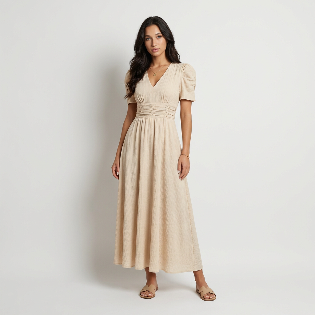 Vestido largo con escote en V y mangas abullonadas para mujer con detalle de cintura ajustada