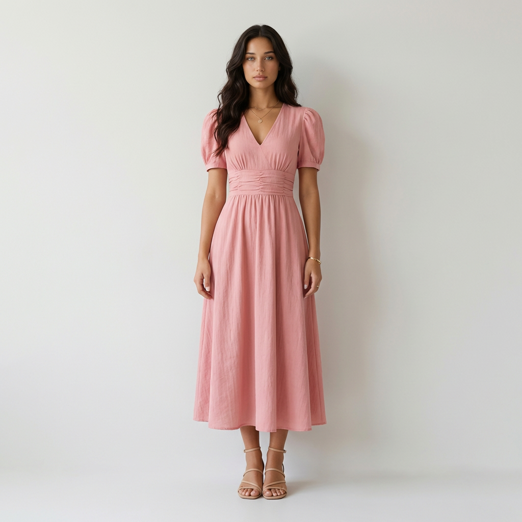 Vestido largo con escote en V y mangas abullonadas para mujer con detalle de cintura ajustada