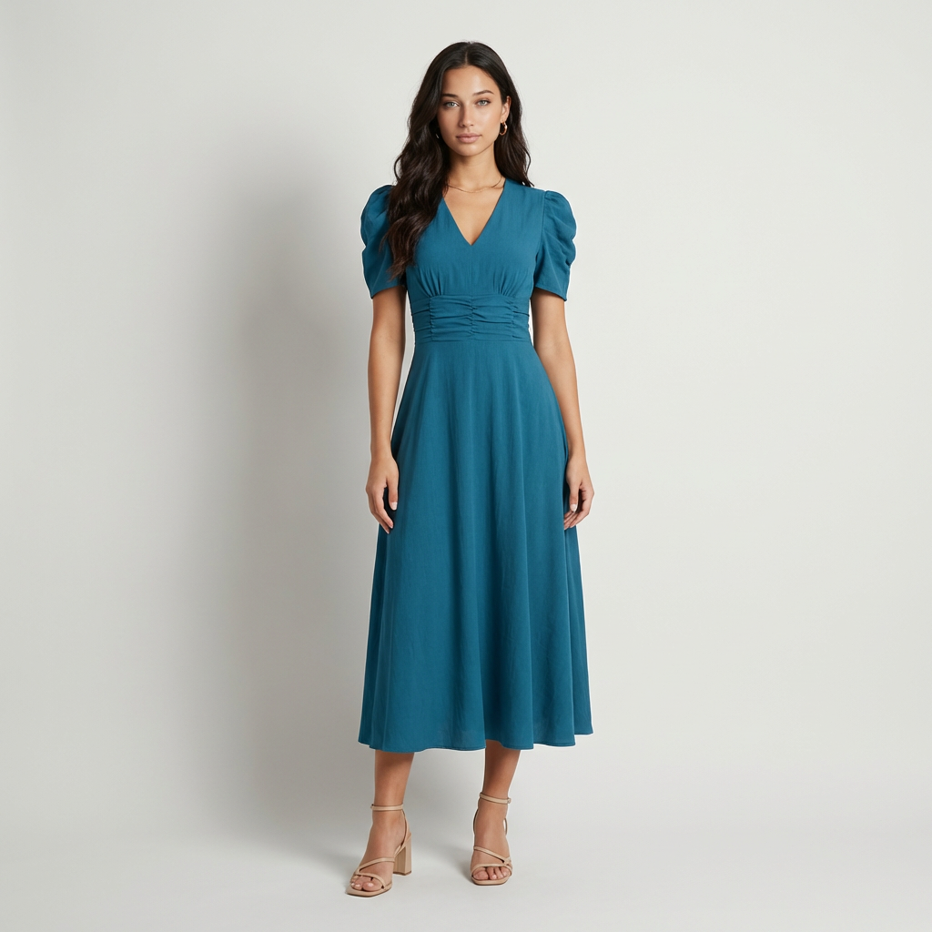 Vestido largo con escote en V y mangas abullonadas para mujer con detalle de cintura ajustada