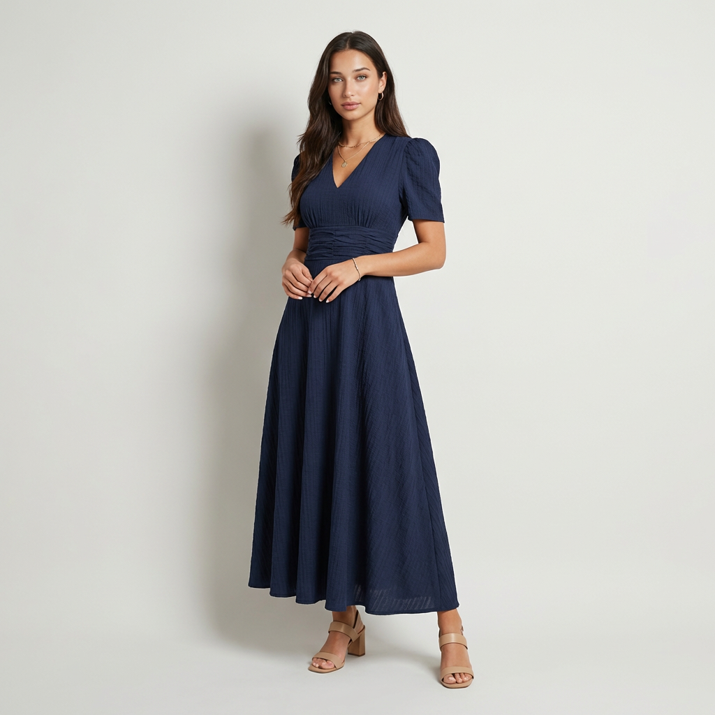 Vestido largo con escote en V y mangas abullonadas para mujer con detalle de cintura ajustada