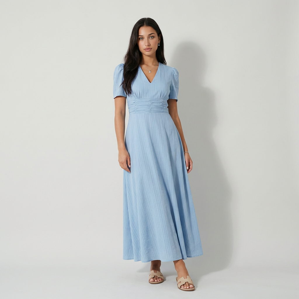 Vestido largo con escote en V y mangas abullonadas para mujer con detalle de cintura ajustada