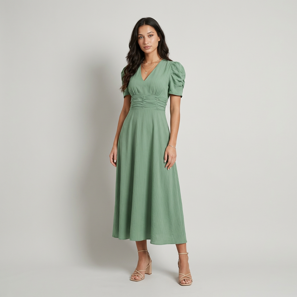 Vestido largo con escote en V y mangas abullonadas para mujer con detalle de cintura ajustada