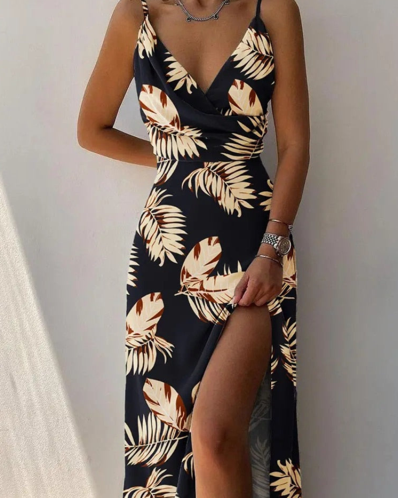 Vestido largo con tirantes finos, cuello vuelto y abertura lateral para mujer