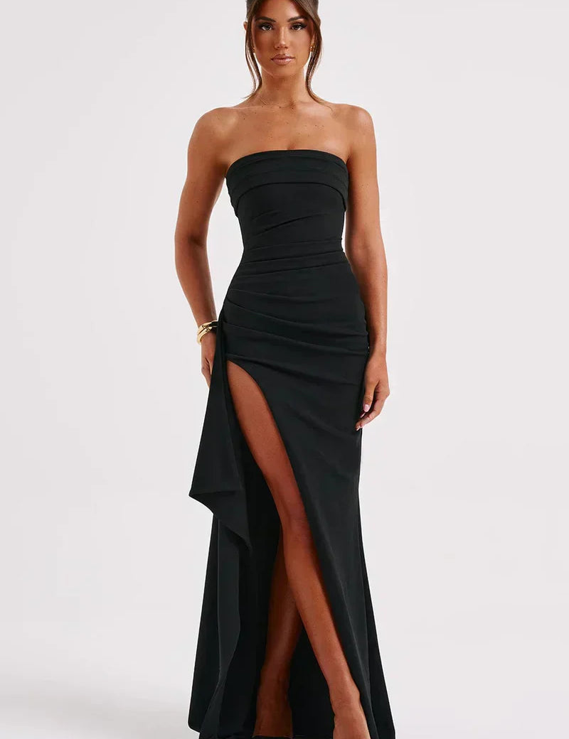Vestido largo sin tirantes para mujer con abertura lateral y falda drapeada
